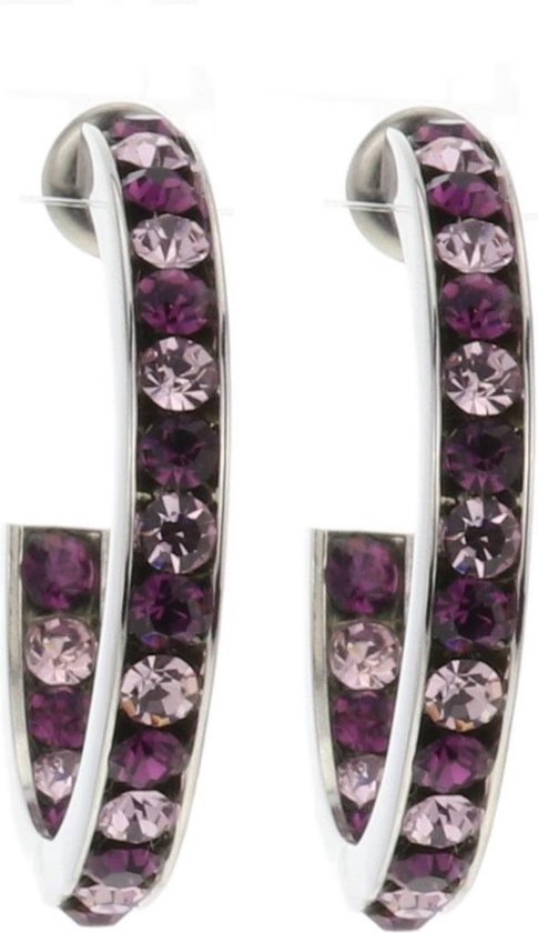 Behave Oorringen dames zilver-kleur met paarse glas kristal steentjes – rond 2.5 cm