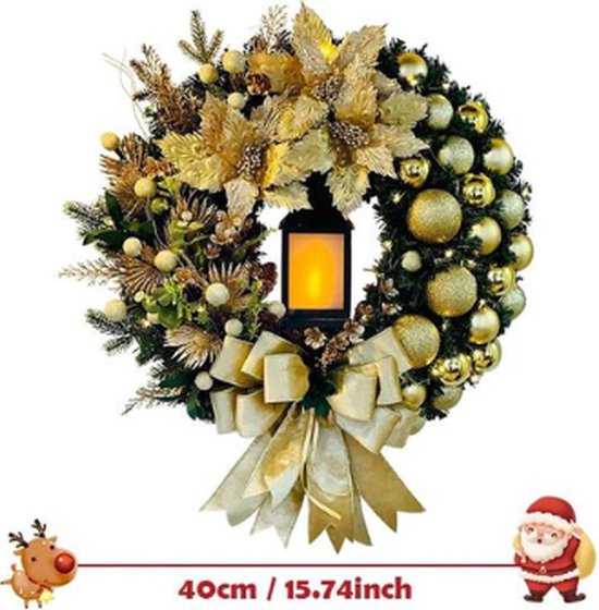 Couronne de Noël – Avec boule lumineuse – Grande Bloem rouge – Décoration de Noël pour la maison – Porte de Noël – Fenêtre – Deco de chambre – Réveillon du Nouvel An 2024