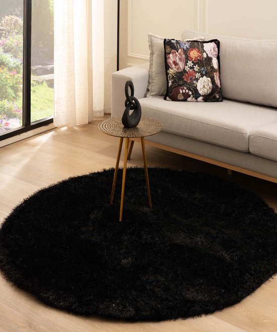 Rond hoogpolig vloerkleed velvet - Posh zwart 80 cm rond