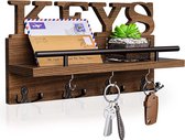 Sleutelhouder voor muur met sleuteldecoratie, houten wandplank voor sleutelhouder-organizer met 7 sleutelhaken, rustieke muurorganizer met plank, bruin