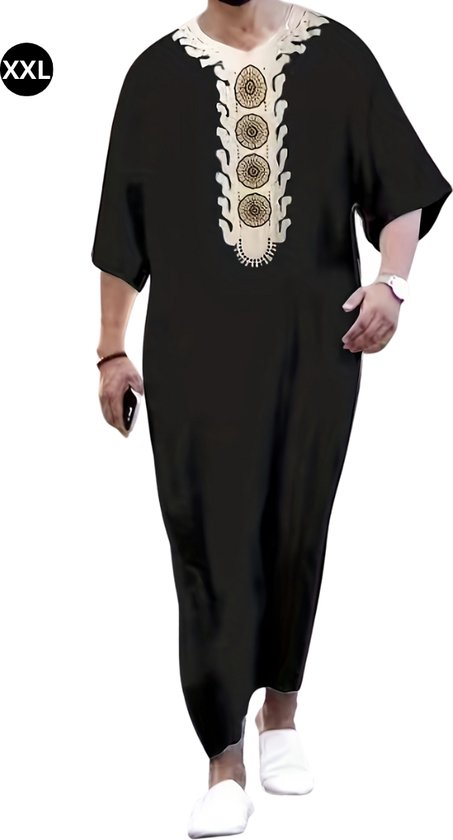 Livano Moslim Kleding - Djellaba Heren - Islamitische Kleding - Alhamdulillah - Arabisch Mannen Kaftan - Zwart & Goud - Maat XXL