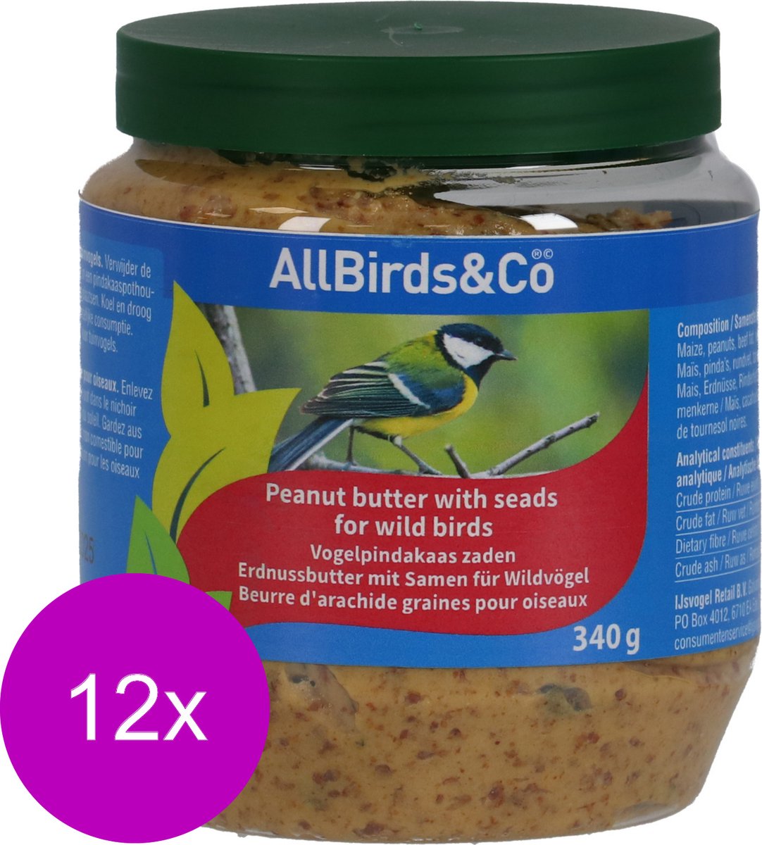 Allbirds&Co Vogelpindakaas Zaden - Voer - 12 x 340 g