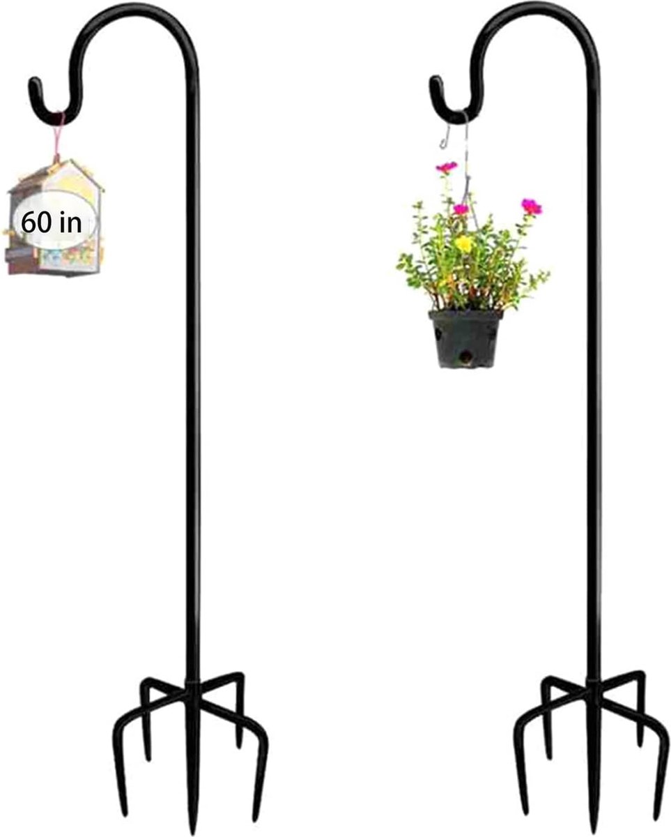 Garden Herdershaken, 2 stuks, 152 cm, metalen tuinsteker met heavy duty roestbestendige haken met 5 prong base herds crook haken voor solarlampen, plantenmanden, lantaarns, vogelhuisjes