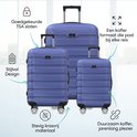 Drie blauwe Voyageux reiskoffers met pijlen die wijzen naar kenmerken zoals 'Stijlvol Design', 'TSA Slot' en 'Stevig krasvrij materiaal'.