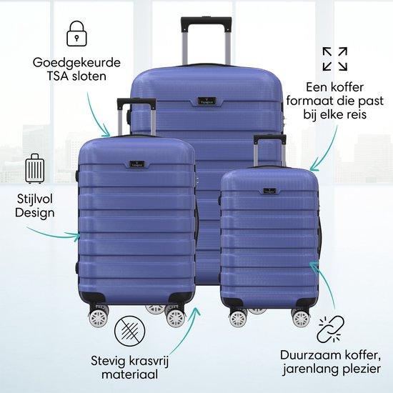 Drie blauwe Voyageux reiskoffers met pijlen die wijzen naar kenmerken zoals 'Stijlvol Design', 'TSA Slot' en 'Stevig krasvrij materiaal'.
