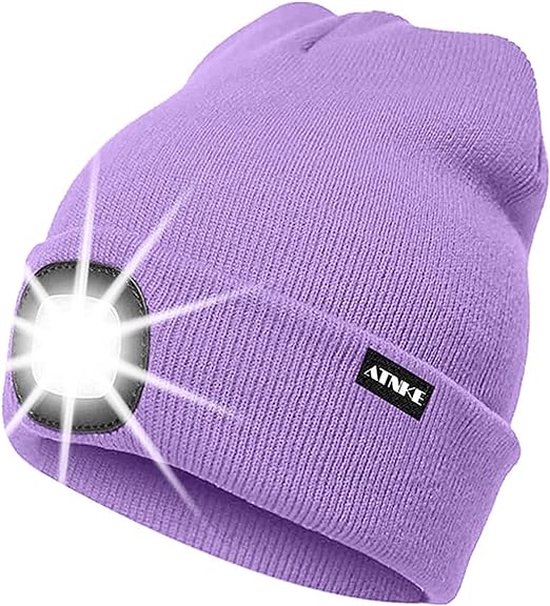 Muts met LED verlichting - Beanie Lila - USB-oplaadbaar - 4 helder licht LED lampen - 3 standen - One-size - Unisex - Waterdicht - Black Friday 2023 - Kerstcadeau