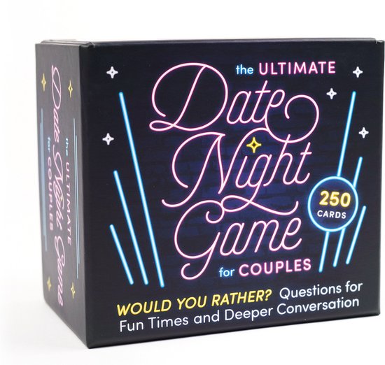 Doos van 'The Ultimate Date Night Game for Couples' met neonletters 'Date Night Game for Couples' en 'WOULD YOU RATHER?'