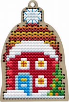 Borduurpakket op hout - Kerstboomhanger Red Christmas House - Rood Kersthuis - Kind Fox