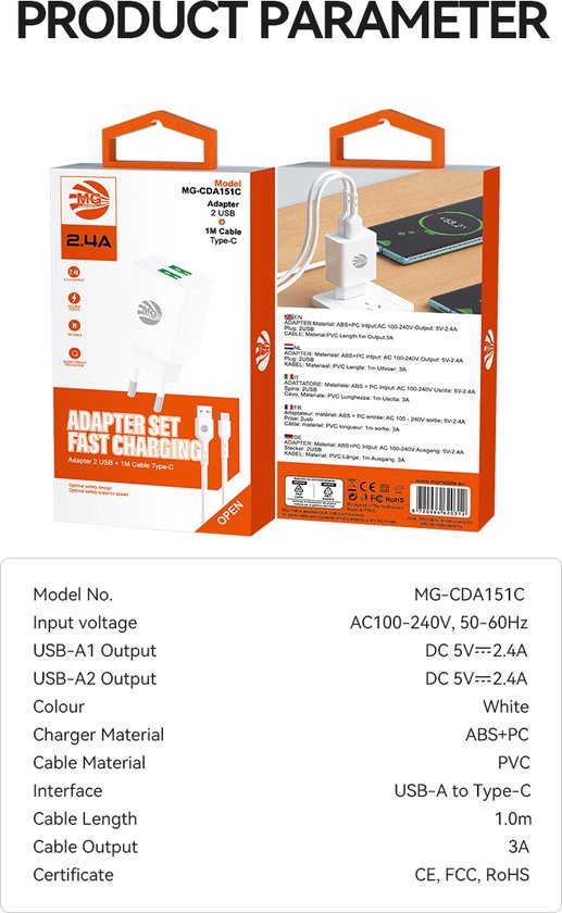 MG - Adaptateur USB avec câble - 2,4 A - Chargeur rapide avec câble - 2x Port USB avec câble de 1 m - USB vers Type-C - Wit