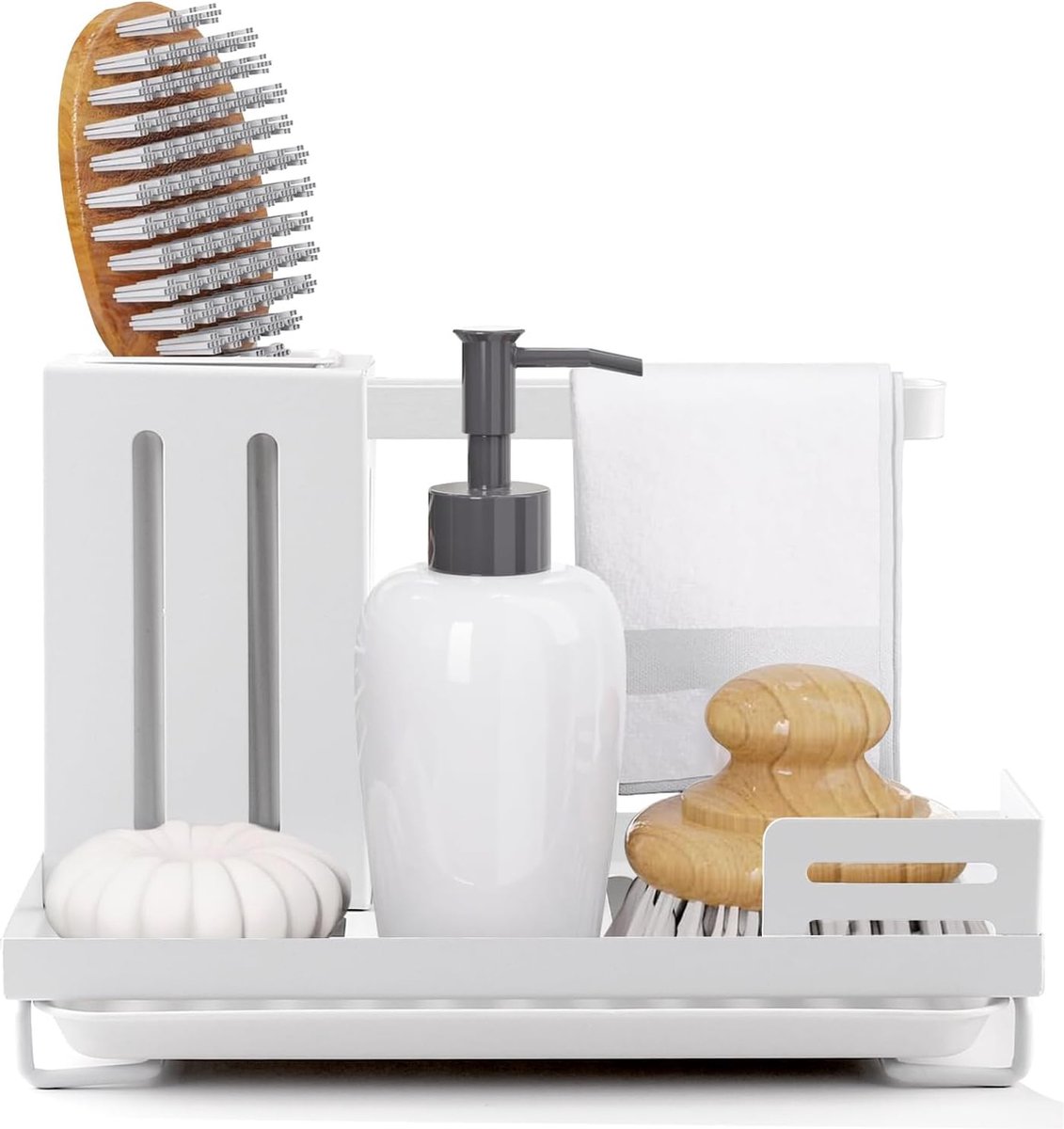 Tufa Spoelbakorganizer Hangend Zonder Boren, Sponshouder voor Keuken met Afvoerpan en Haken, Gootsteenorganizer voor Badkamer, Wit