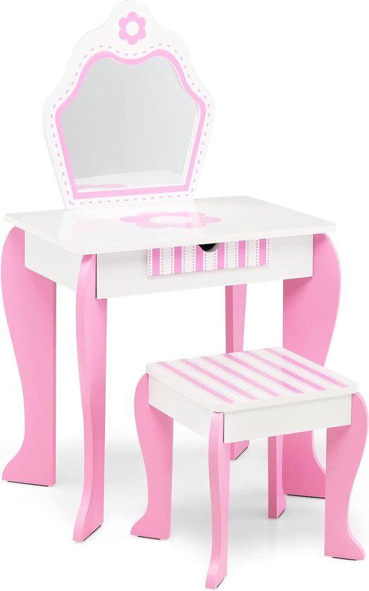 Prinsessen Make-up Set Green Series Kinderplay Kindermake-uptafel Van Hout – Grote Kaptafel Met Spiegel – Roze Speelmeubel Voor De Kinderkamer – Voor Creatief Rolspel Veilige Plexiglas Spiegels