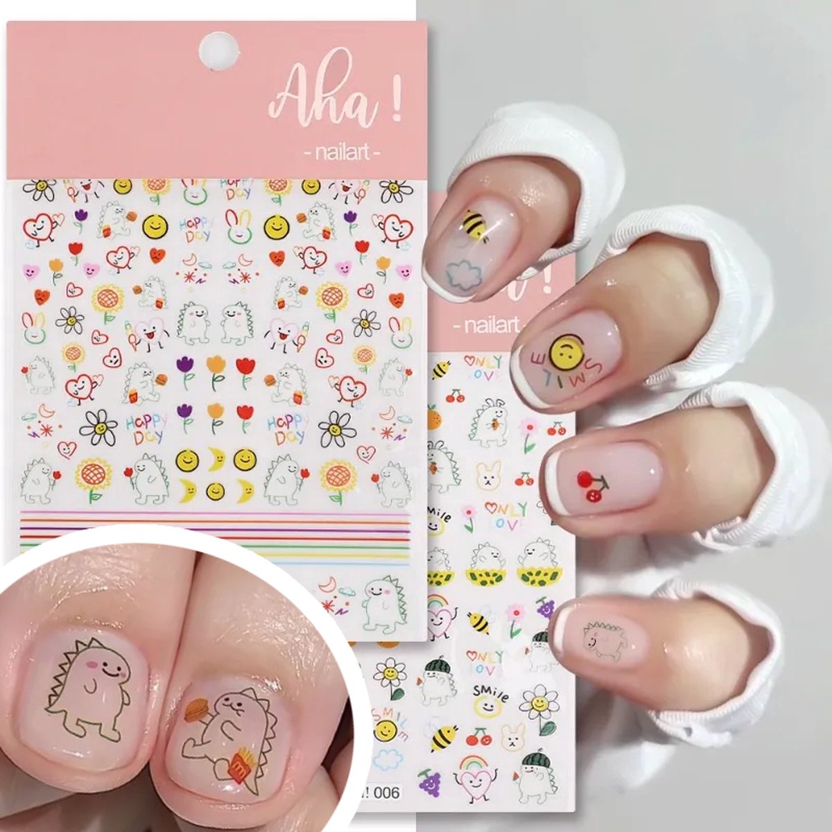 Aha, 2 vellen Nagel stickers - Nagelstickers Dinosaur, hart, smiley , bloemen - nagel decoratie - zelfklevende nagelstickers - Cute kawaii stickers - Nail art set tools