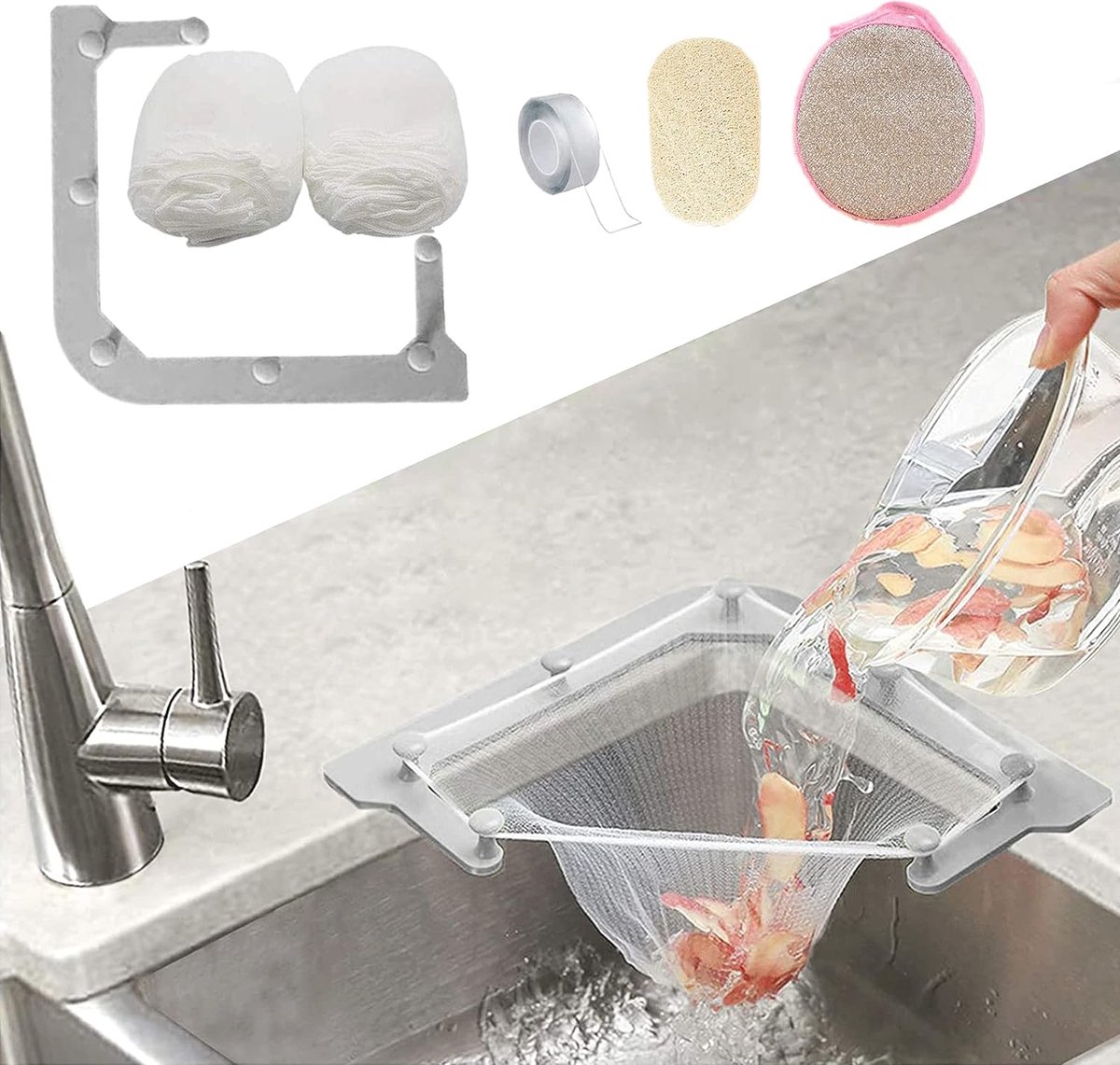 Goedkoopste Keukengootsteen driehoekig tri-holder filter, spoelbakzeef, gootsteenafvoerzeef, met een driehoekig grijs frame en 100 stuks grote filternetzakken voor keukenresten