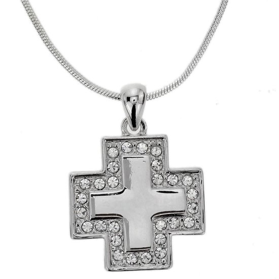 Behave Zilver-kleurige ketting met kruis met kristal steentjes