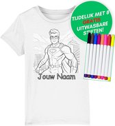 Inkleurbaar t-shirt kinderen – superheld - kindercadeau – 3 tot 8 jaar - eigen naam – gepersonaliseerd – kleuren – viltstiften voor kinderen – t-shirt