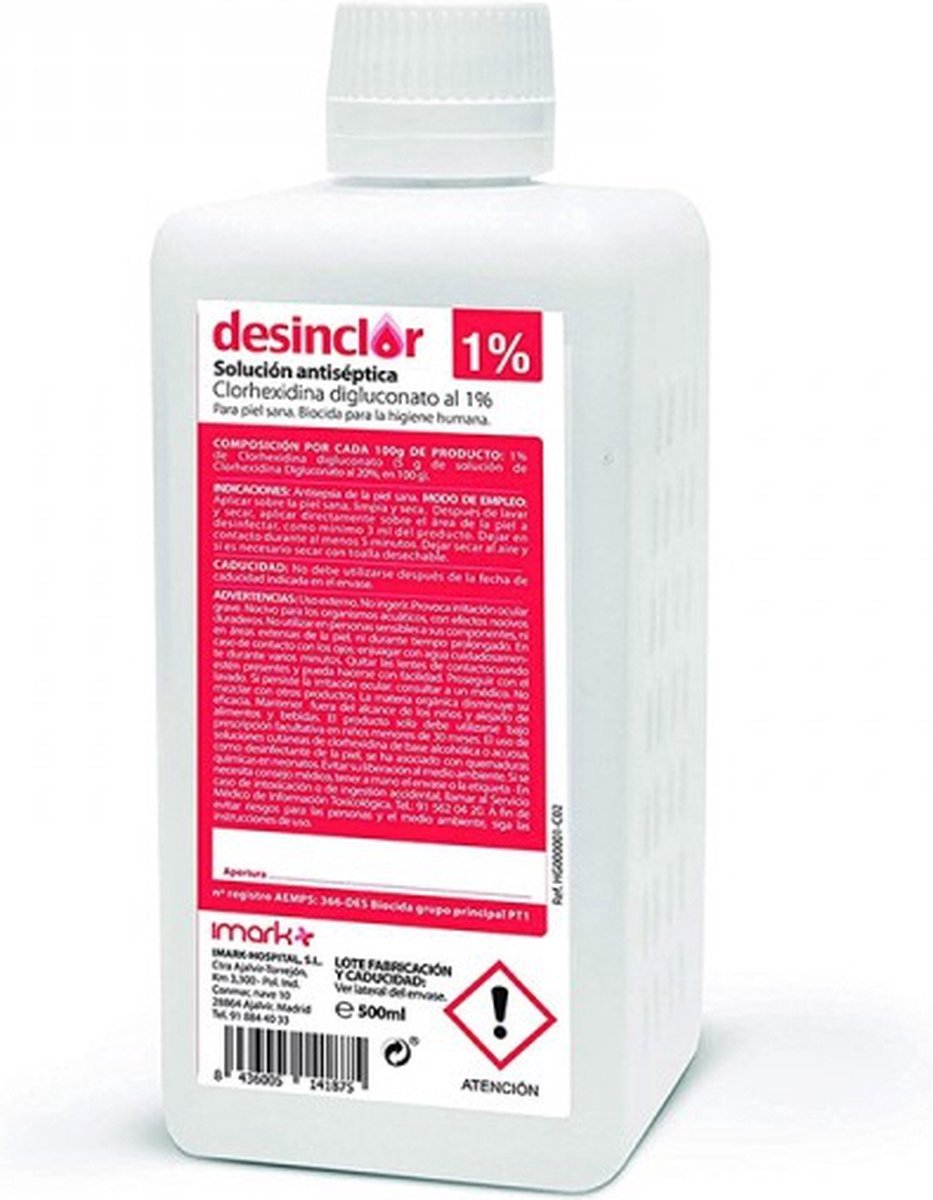 Bol.com 1 LITER (2 FLESSEN 500ML) Chloorhexidine 1% ontsmettend middel, voorkomen dat steenpuisten, antisepticum, ontwikkeling v... aanbieding