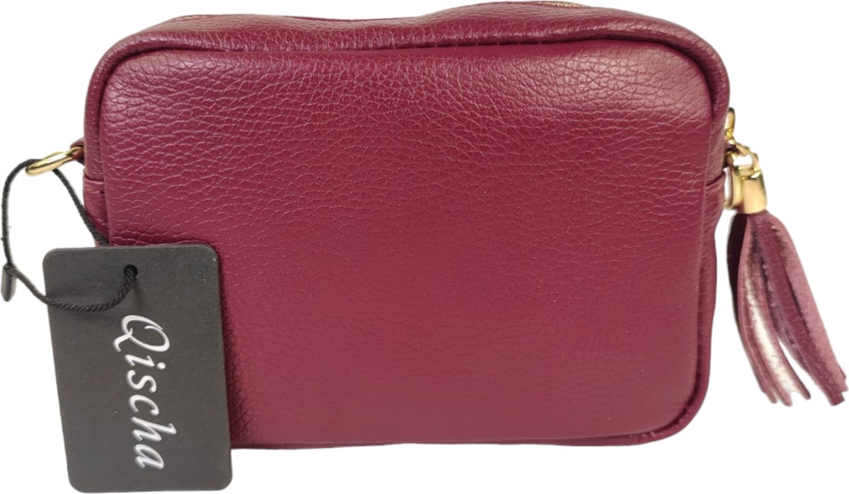 Qischa® - leder - Crossbody handtas - vak met rits - instelbare riem - pruim rood