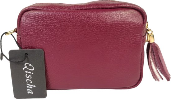 Qischa® - cuir - Sac à main crossbody - poche zippée - bandoulière réglable - rouge prune
