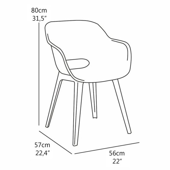 Dessin technique d'une chaise verte mesurant 80cm de haut, 57cm de profondeur et 56cm de large.