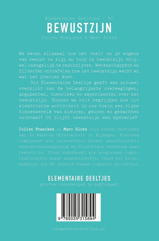 Boekomslag 'Bewustzijn' van Jolien Francken & Marc Slors. Titel en auteurs prominent. Bevat tekst en ISBN.