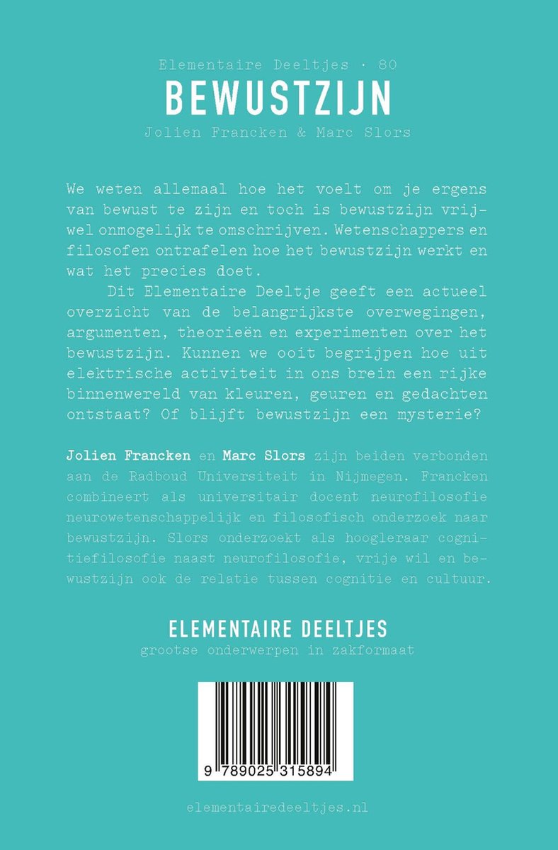 Boekomslag 'Bewustzijn' van Jolien Francken & Marc Slors. Titel en auteurs prominent. Bevat tekst en ISBN.