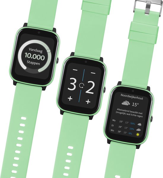 Drie lichtgroene smartwatches met zwart display. Een toont 'Vandaag 10.000 Stappen', een ander '3 Q 2', en de derde het weer.