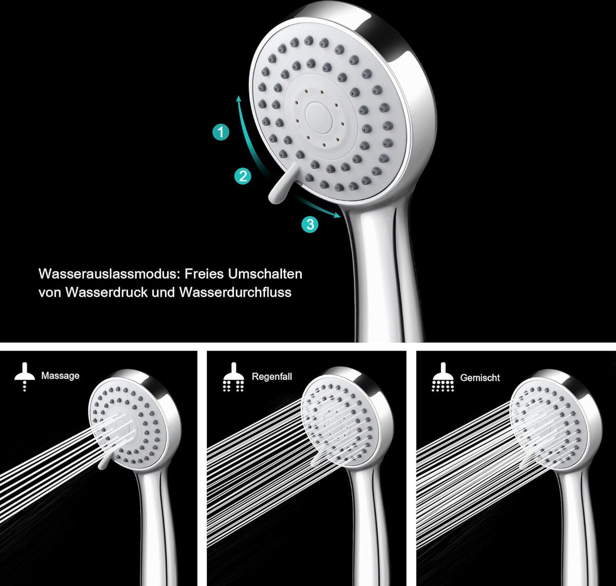MFCGHXR Douchekop Met Slang - 3 Straalmodi, Waterstopknop, 4 Filters, Hogedruk, Chroom Afwerking, Waterbesparend