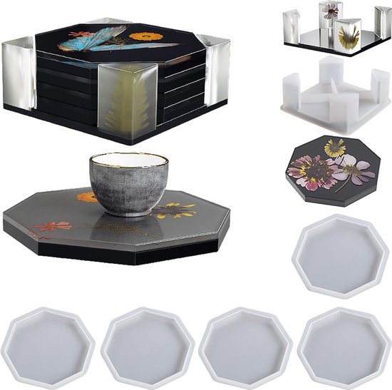 InFreesh 10 STKS Hars Mallen Silicone, Epoxy Hars Mallen omvatten zeshoekige, Vierkant, Hartvormige Craft Box Vormen, DIY Hars Onderzetters, Cilindrische Siliconen Vormen, Hars Kits voor Beginners