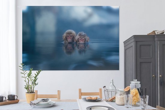 Canvas schilderij 180x120 cm - Wanddecoratie Japans - Apen - Water - Dieren - Landschap - Muurdecoratie woonkamer - Slaapkamer decoratie - Kamer accessoires - Schilderijen