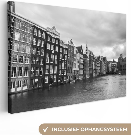 Canvas schilderij 150x100 cm - Wanddecoratie Amsterdamse grachten zwart-wit fotoprint - Muurdecoratie woonkamer - Slaapkamer decoratie - Kamer accessoires - Schilderijen