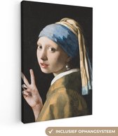 Canvas Schilderij Meisje met de parel - Johannes Vermeer - Peace - 60x90 cm - Wanddecoratie