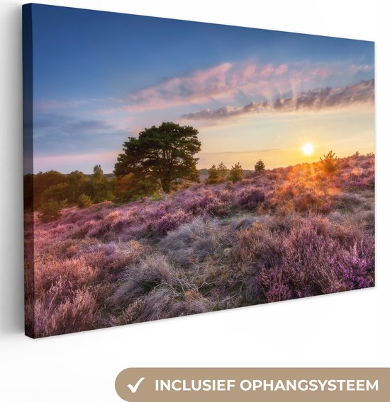 Canvas - Zonsondergang - Heide - Bomen - Woonkamer - 30x20 cm - Canvas schilderij - Woondecoratie