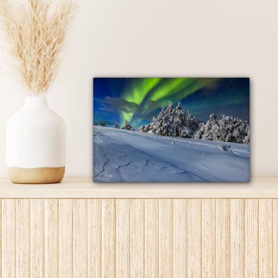 Aurores boréales au-dessus d'un paysage d'hiver avec des arbres toile 2cm 30x20 cm - petit - Tirage photo sur toile (Décoration murale salon / chambre) / phénomènes naturels Peintures sur toile