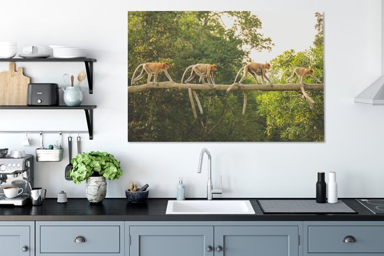 Quatre singes marchant sur toile branche 2cm 140x90 cm - Tirage photo sur toile (Décoration murale salon / chambre) / Animaux sauvages Peintures sur toile