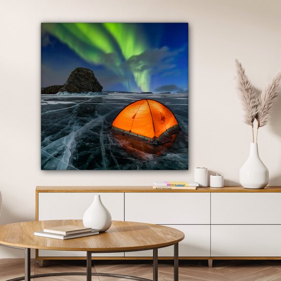 Tableau sur toile Aurores Boréales - Tente - Glace - Scandinavie - 90x90 cm - Décoration murale