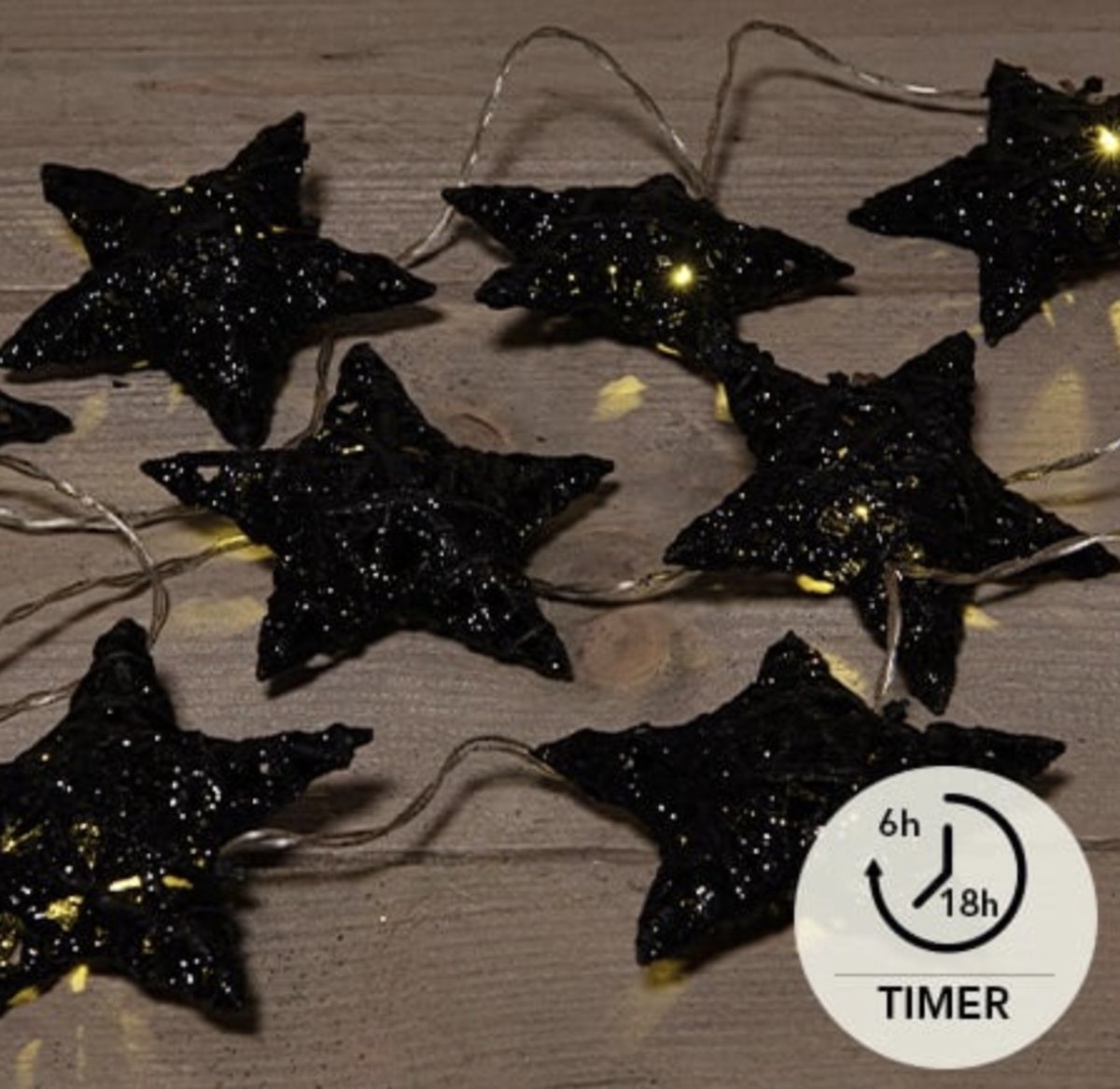Kerstverlichting Sterren Slinger - 10 LED Sterren - Glitter Zwart - Binnen - Kerstversiering - Kerstverlichting op batterij - Warm Wit