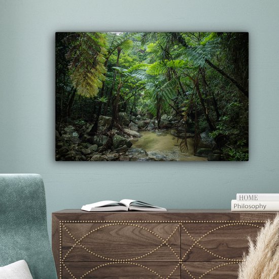 Canvas schilderij 180x120 cm - Wanddecoratie Riviertje in tropische jungle - Muurdecoratie woonkamer - Slaapkamer decoratie - Kamer accessoires - Schilderijen