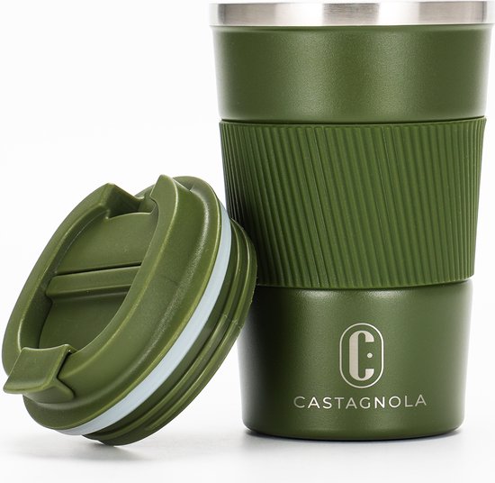 Castagnola Thermosbeker - Koffiebeker To Go - Travel Mug voor Koffie en Thee - Theebeker - 380 ML - RVS - Groen