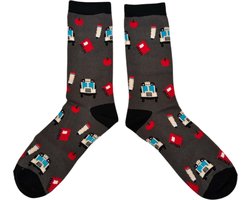 Sokken met School Thema - maat 38-43 - Grappige Sokken met Schoolbus, Appel, Schriften en Potlood - Cadeau voor Juf of Meester - Dames/Heren Fun Socks