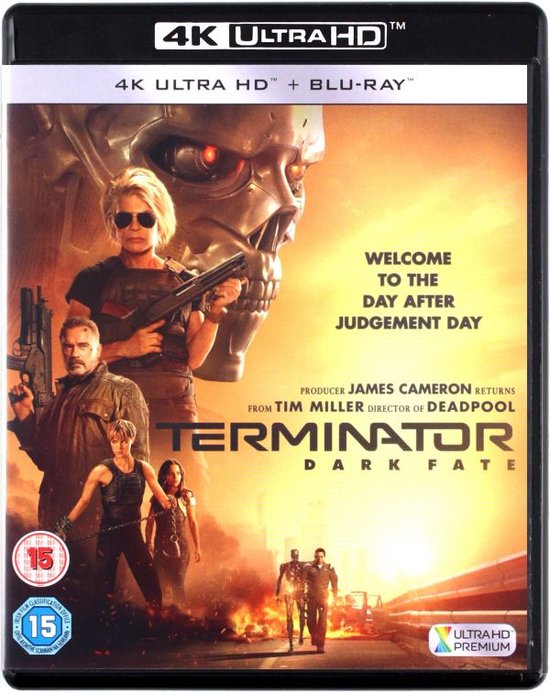Voor- en achterkant van de "Terminator: Dark Fate" 4K UHD en Blu-ray box met Sarah Connor, Arnold Schwarzenegger, Dani Ramos, Grace en een terminator.