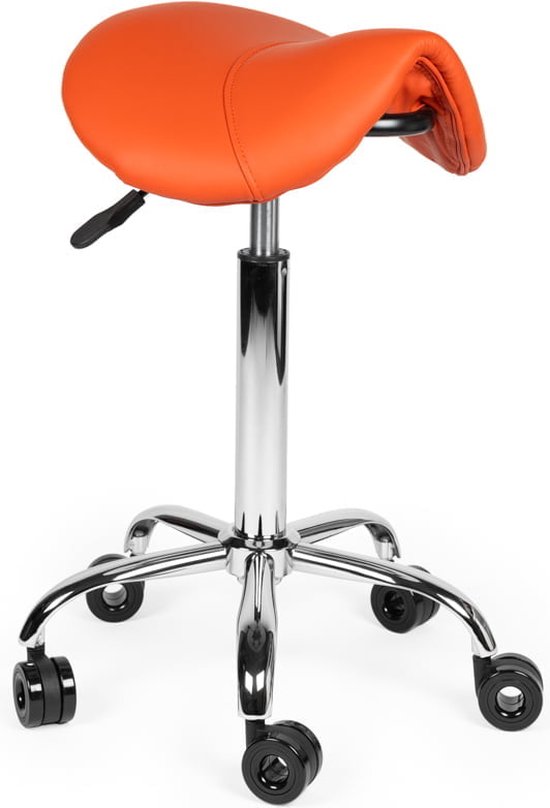 Kapperskruk Oranje Standaard - Wielen waar geen haren tussen kan komen - Zithoogte 50/68cm - kruk op wielen - krukje - werkkruk - zadelkruk - bureaukruk - kapperskruk - verstelbaar - draaikruk - tabouret - zadelkruk met rugleuning - tot 160kg