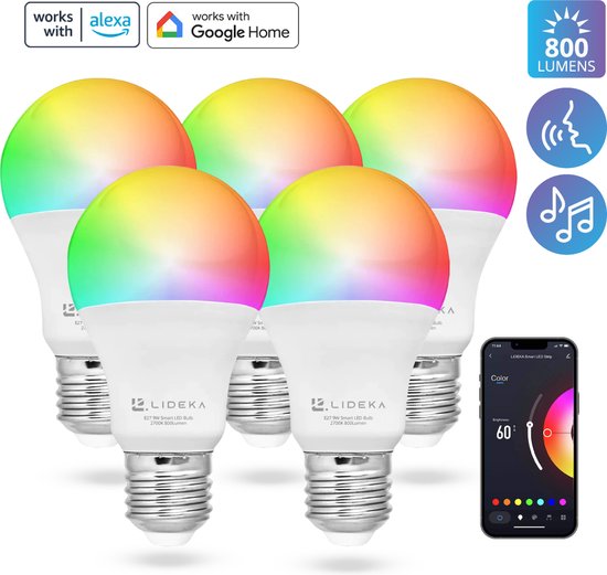 Lideka® - Slimme LED Smart Lampen - E27 9W - Set Van 5 - RGBW - met App - 800 Lumen - 2700K - 6500K - Smart LED Verlichting - Dimbaar - Google, Alexa en Siri