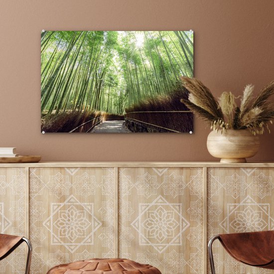 ® Glasschilderij 60x40 cm - Schilderij acrylglas - Bamboebosje in Arashiyama Japan - Foto op glas - Muurdecoratie woonkamer - Wanddecoratie slaapkamer - Schilderijen
