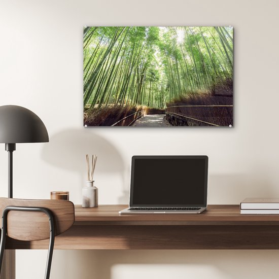 ® Glasschilderij 60x40 cm - Schilderij acrylglas - Bamboebosje in Arashiyama Japan - Foto op glas - Muurdecoratie woonkamer - Wanddecoratie slaapkamer - Schilderijen