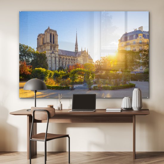 MuchoWow® Peinture sur verre 180x120 cm - Peinture sur verre - Paris - Notre Dame - Soleil - Photo sur verre acrylique - Peintures