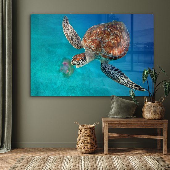 Peinture sur verre - Tortue verte avec méduse - 180x120 cm - Peintures Plexiglas