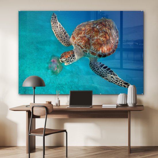 Peinture sur verre - Tortue verte avec méduse - 180x120 cm - Peintures Plexiglas