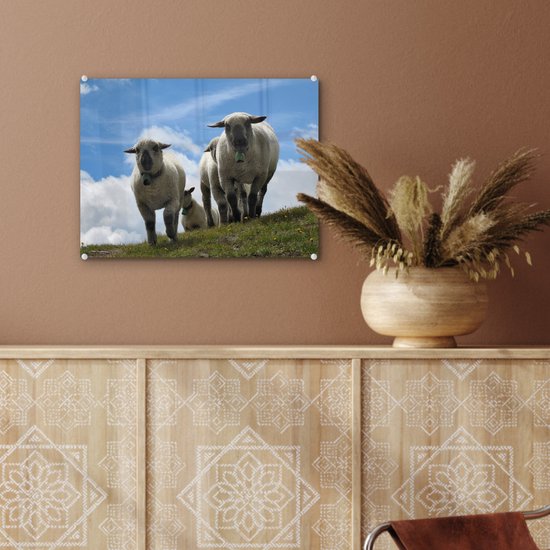 MuchoWow® Glasschilderij 40x30 cm - Schilderij acrylglas - Schapen - Berg - Alpen - Foto op glas - Schilderijen