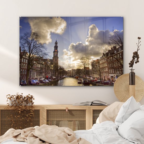 Peinture sur verre - Westerkerk à Amsterdam avec un ciel nuageux - 120x80 cm - Peintures sur Verre Peintures - Photo sur Glas