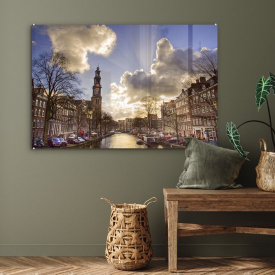 Peinture sur verre - Westerkerk à Amsterdam avec un ciel nuageux - 120x80 cm - Peintures sur Verre Peintures - Photo sur Glas